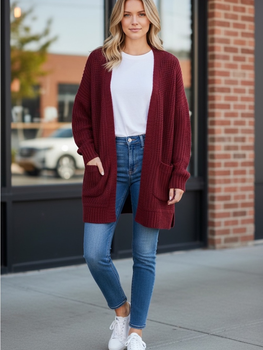 Open-Front Wine Red/Burgundy Knit Cardigan - Picture 11 of 11